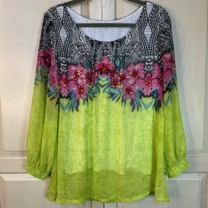 Soft Surroundings Womens Blouse Multicolor Floral Puff 3/4 Sleeve Scoop Sequins